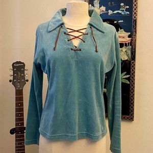 Vintage 90s-does-60s Free People Teal Velour Medieval Lace-up Pullover. Size M.
